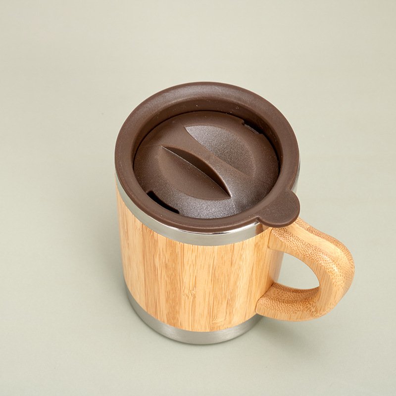 Natural Bamboo Body Double Wall Stainless Steel Coffee Mugs Vacuum Thermos Insulated Tumbler Tea Cups with Handle