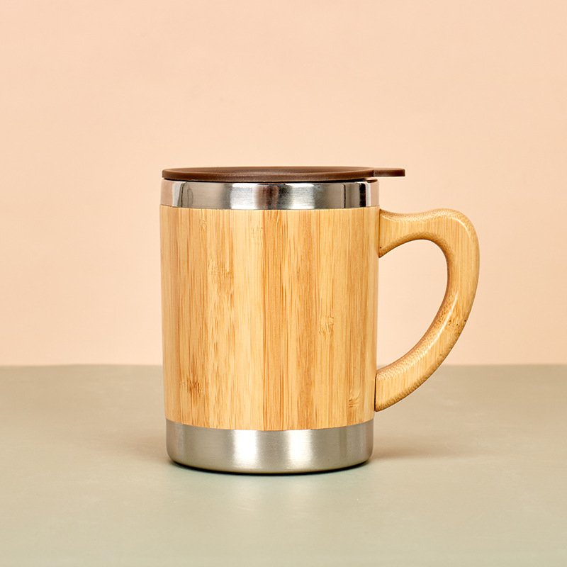 Natural Bamboo Body Double Wall Stainless Steel Coffee Mugs Vacuum Thermos Insulated Tumbler Tea Cups with Handle