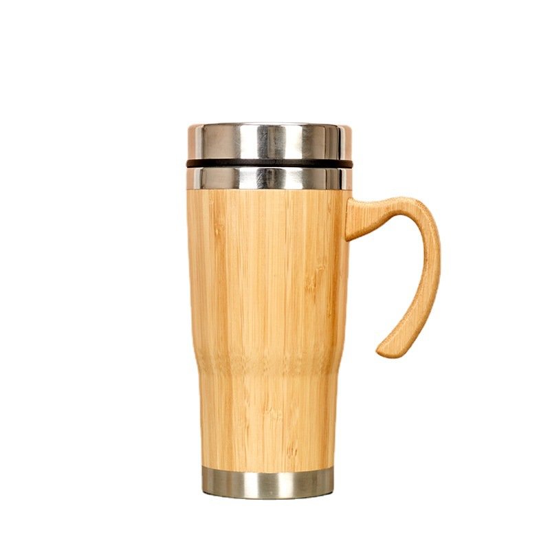 Natural Bamboo Body Double Wall Stainless Steel Coffee Mugs Vacuum Thermos Insulated Tumbler Tea Cups with Handle