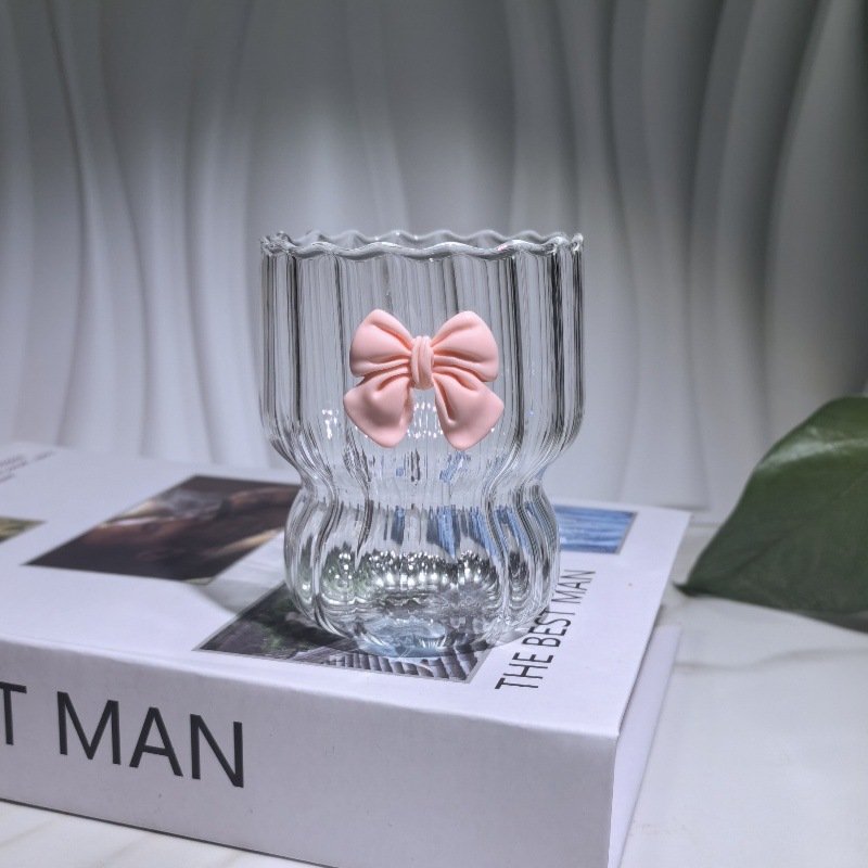 2024 Newly Designed 350ML Cute Girl Mug Pink Bowknot Clear Glass Mug for Coffee or Tea