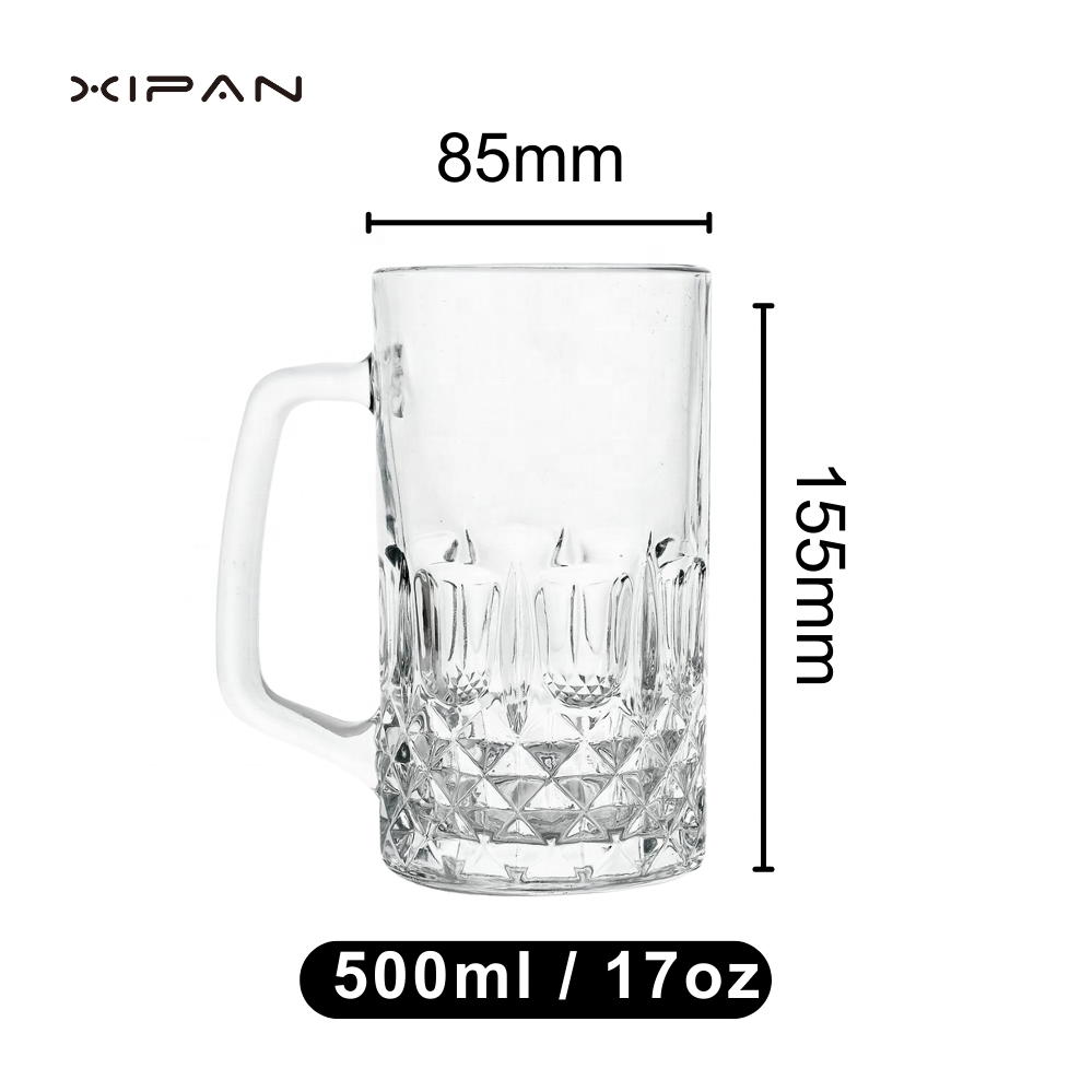 Factory price free customized beer stein diamond pattern glass beer mug with handle