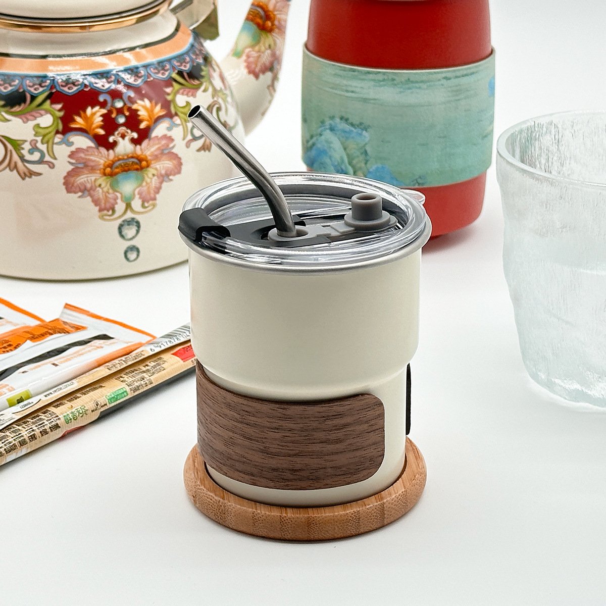 2024 new custom logo portable outdoor picnic coffee & tea cups glass cold drink beer single layer mug with wood holder and lid