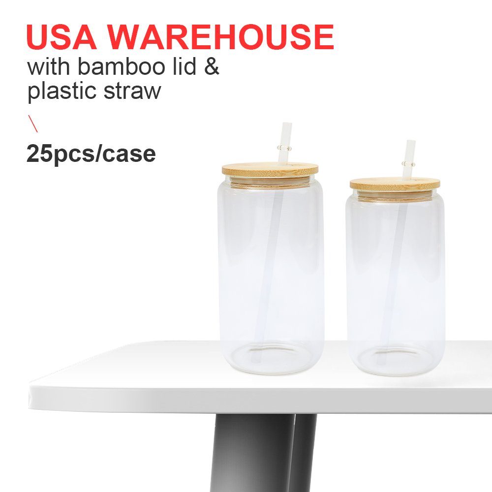 us warehouse stocked 12oz 16oz 25oz sublimation blanks beer mug drinking glasses glass can cups with bamboo lids and straws