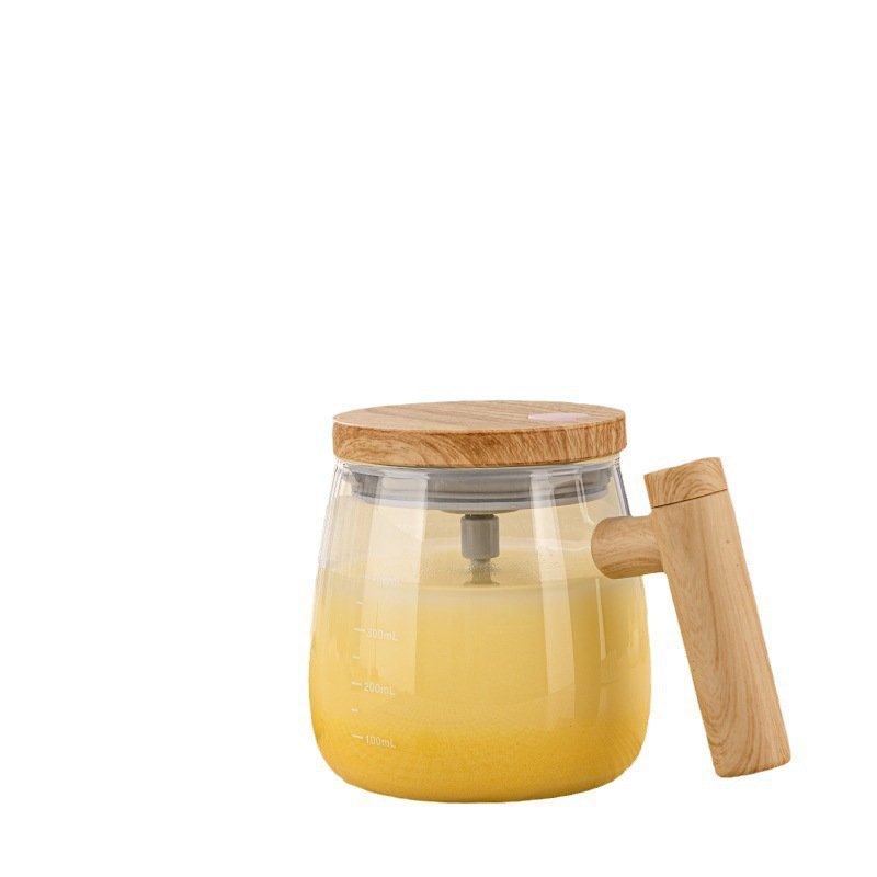 2024 Automatic Magnetic Stirring Coffee Mug Glass Mixing Coffee Tumbler Battery Milk Shake Cup With Wood Handle