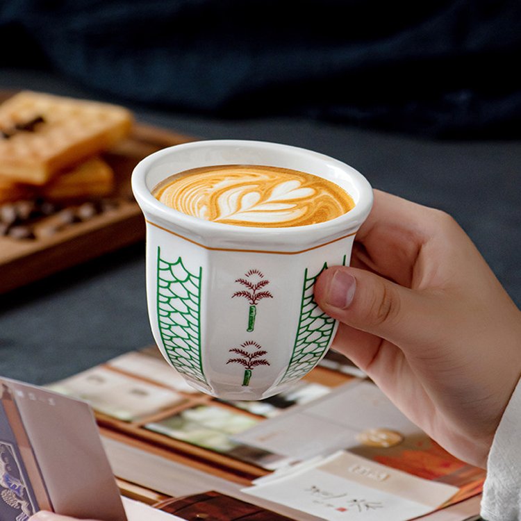 Elegant Print Espresso Handshake Ceramic Mugs Wholesale Unique Handmade Arabic Cups Ceramic Mug for Gift