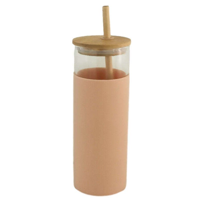 450ml Bpa Free 15Oz Borosilicate Glass Tumbler Glass Water Bottle With Straw Silicone Sleeve Bamboo Lid