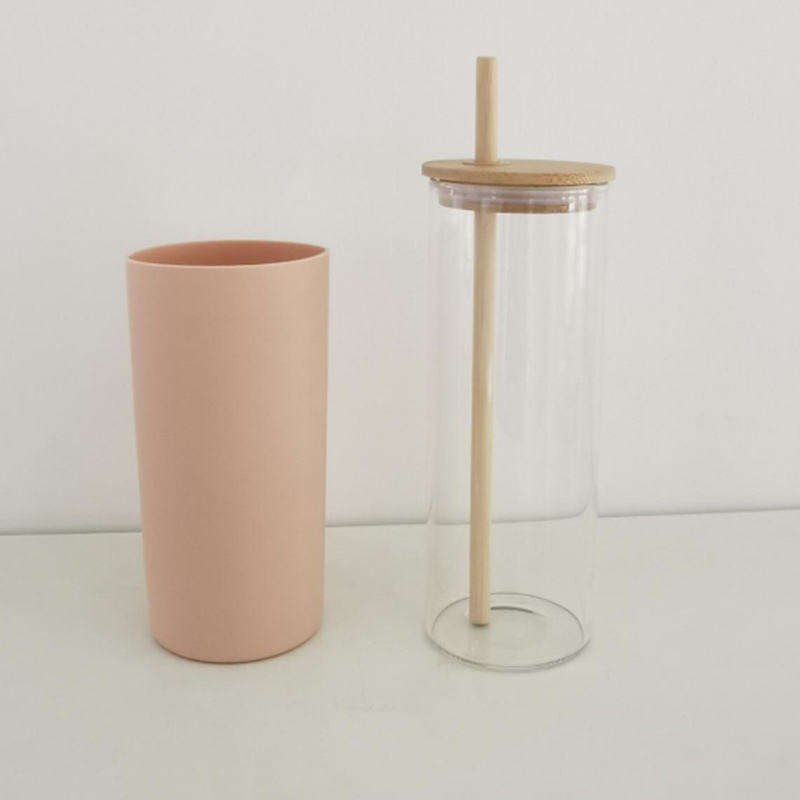 450ml Bpa Free 15Oz Borosilicate Glass Tumbler Glass Water Bottle With Straw Silicone Sleeve Bamboo Lid