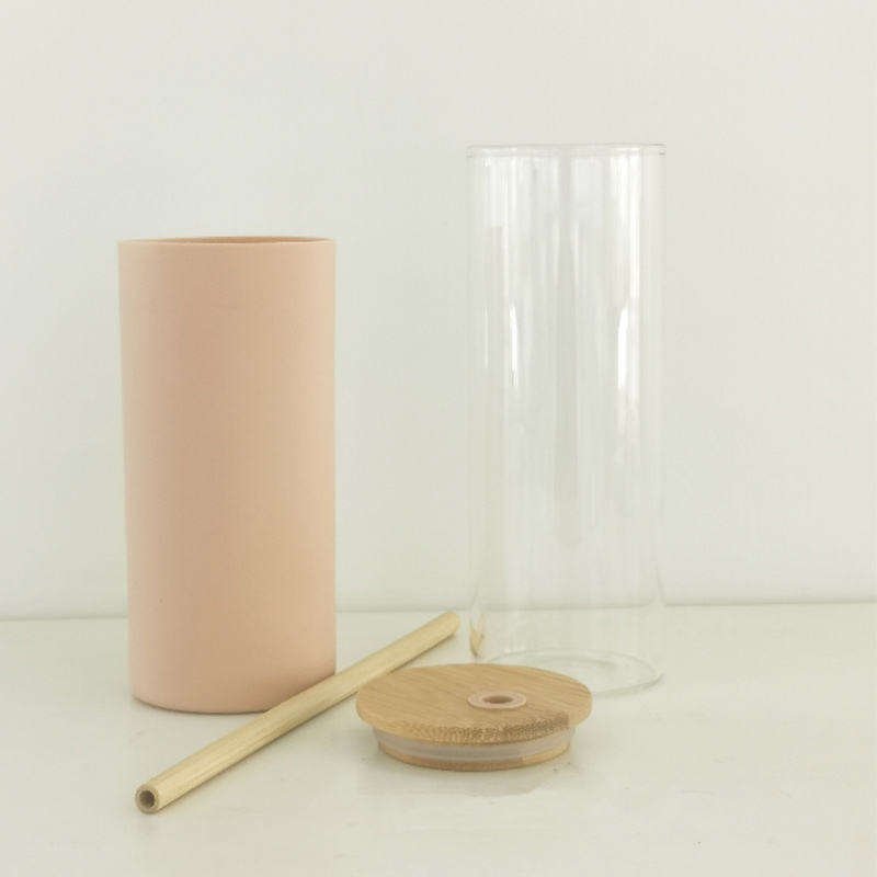 450ml Bpa Free 15Oz Borosilicate Glass Tumbler Glass Water Bottle With Straw Silicone Sleeve Bamboo Lid