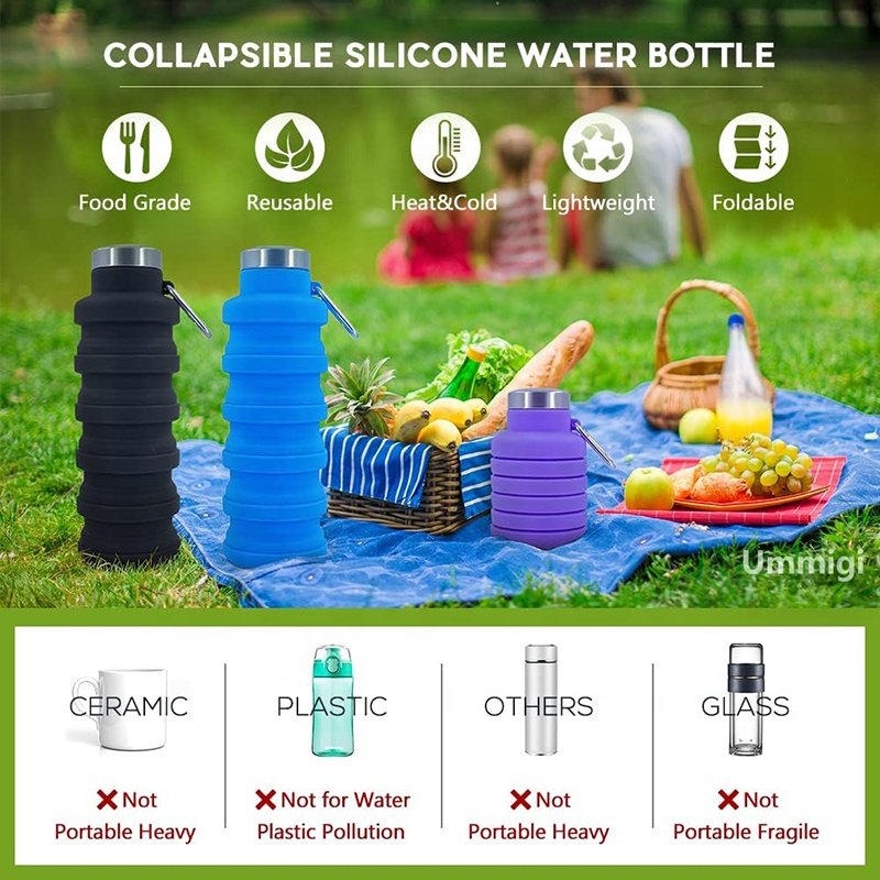 Lightweight Portable Silicone Travel Water Bottles Jug Reusable Flexible Collapsible Foldable Water Bottle