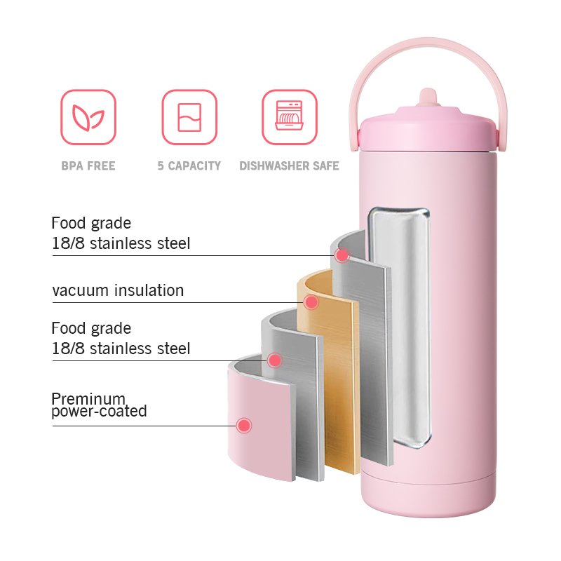 OEM Custom Double Wall Vacuum Flask Insulated Sport Stainless Steel Water Bottle with Handle and Flip Lids