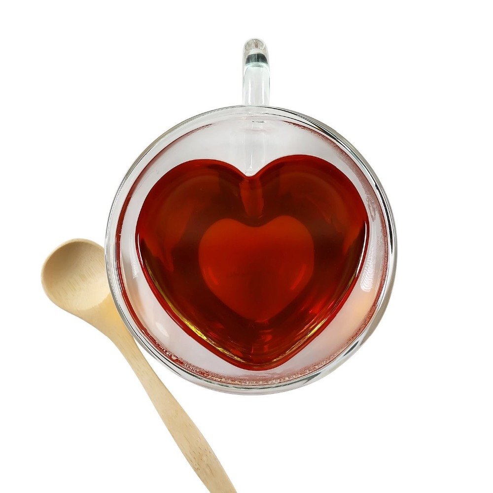 Heart Shaped Double Wall Glass Insulated Tea Coffee Cup Eco-Friendly Clear Glass Mugs High Thermal Customizable Logo Gift
