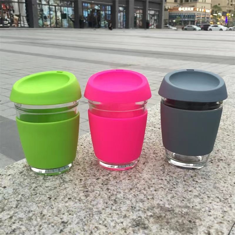 New Promotional Eco Friendly Custom Glass Mug Silicone Portable Drinking Reusable Coffee Cup with Lid