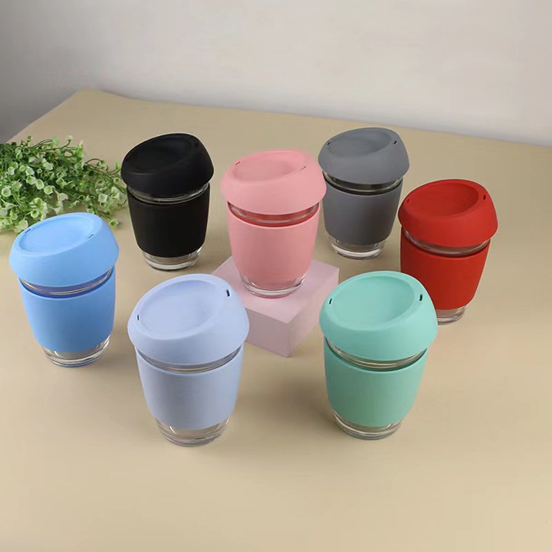 New Promotional Eco Friendly Custom Glass Mug Silicone Portable Drinking Reusable Coffee Cup with Lid