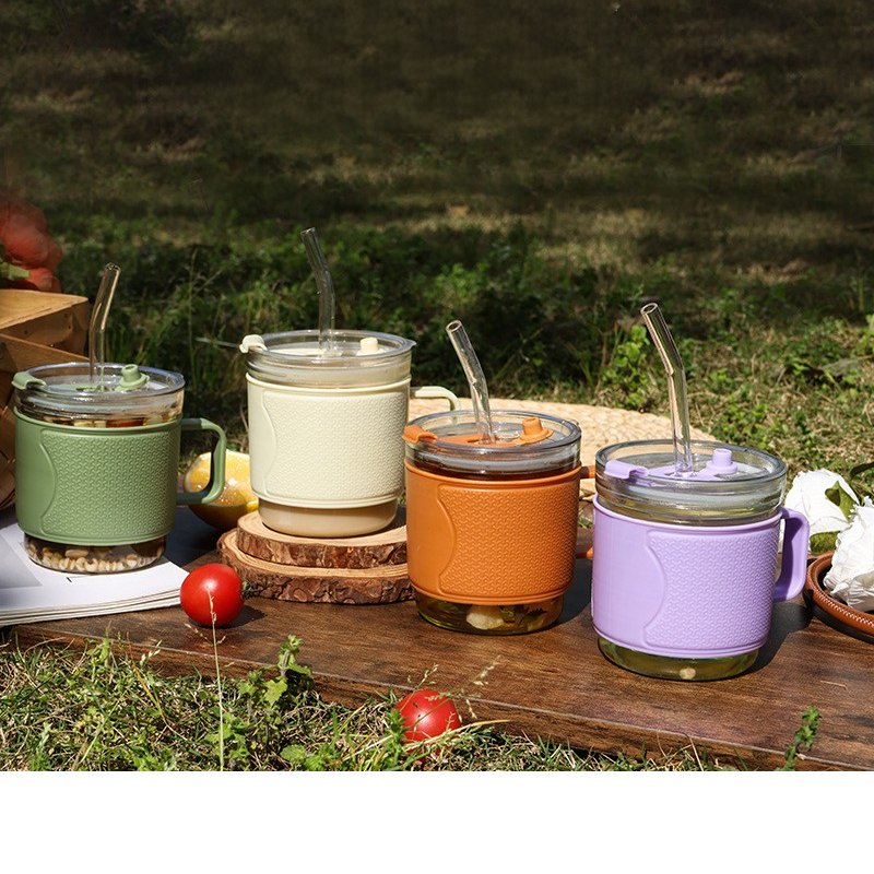 350ml New Mini Insulation Glass Cup With Handle Anti Scald Portable Plastic Case Glass Mug Cup With Straw