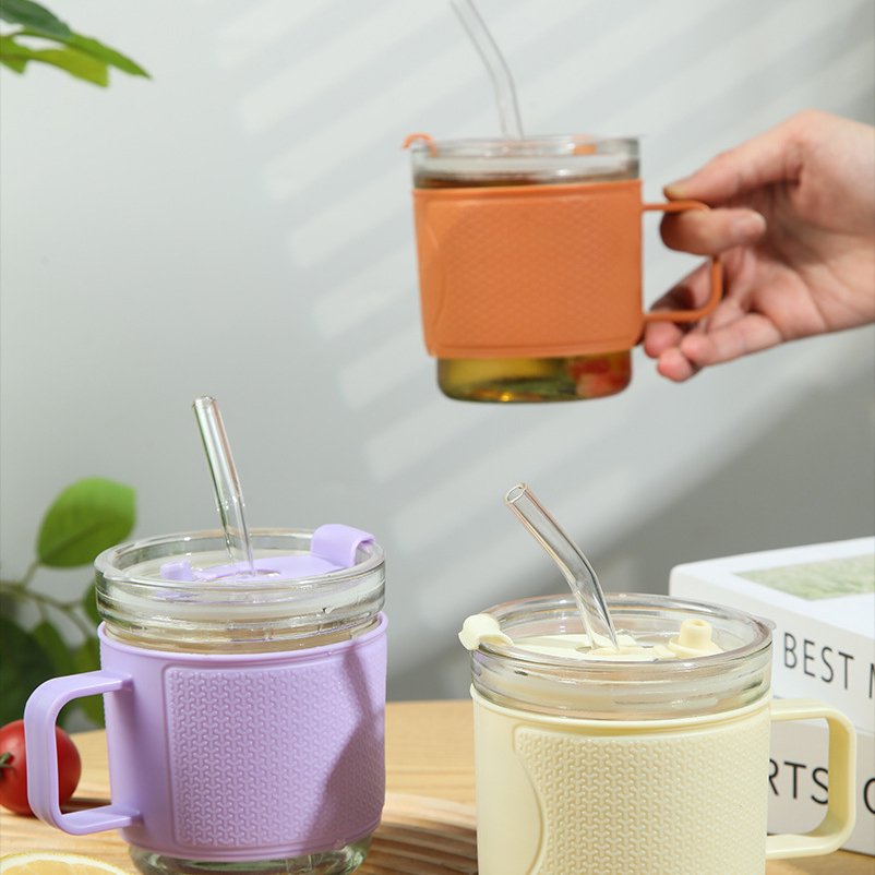 350ml New Mini Insulation Glass Cup With Handle Anti Scald Portable Plastic Case Glass Mug Cup With Straw