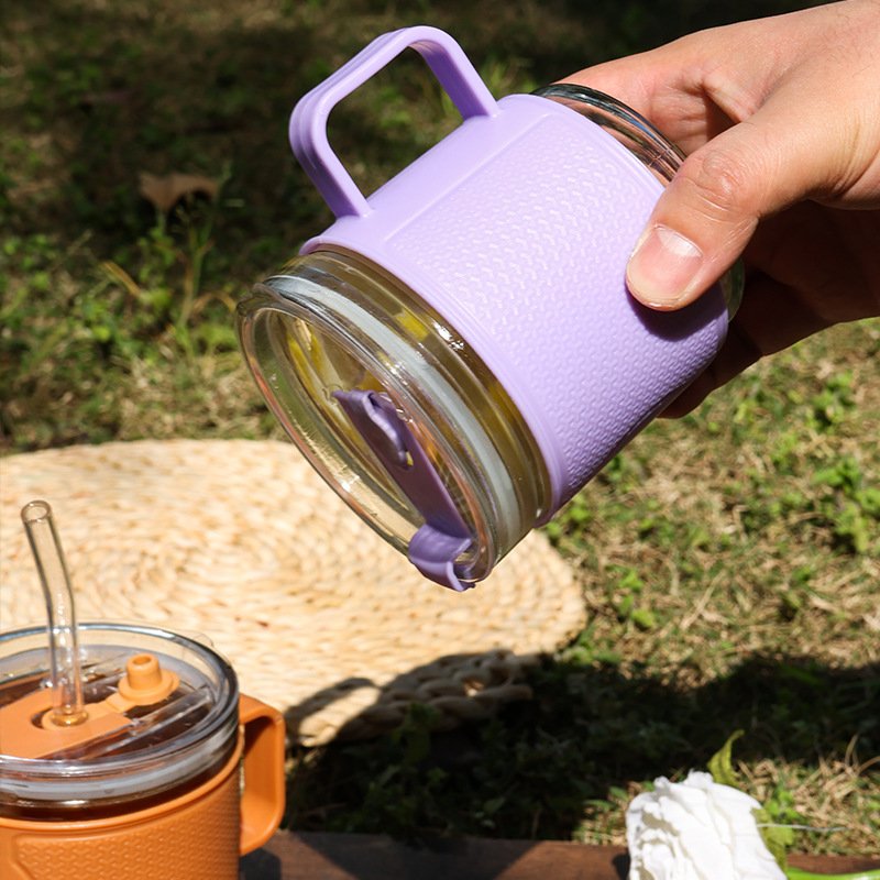 350ml New Mini Insulation Glass Cup With Handle Anti Scald Portable Plastic Case Glass Mug Cup With Straw