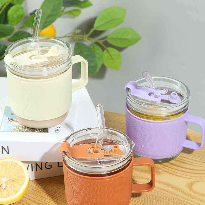 350ml New Mini Insulation Glass Cup With Handle Anti Scald Portable Plastic Case Glass Mug Cup With Straw