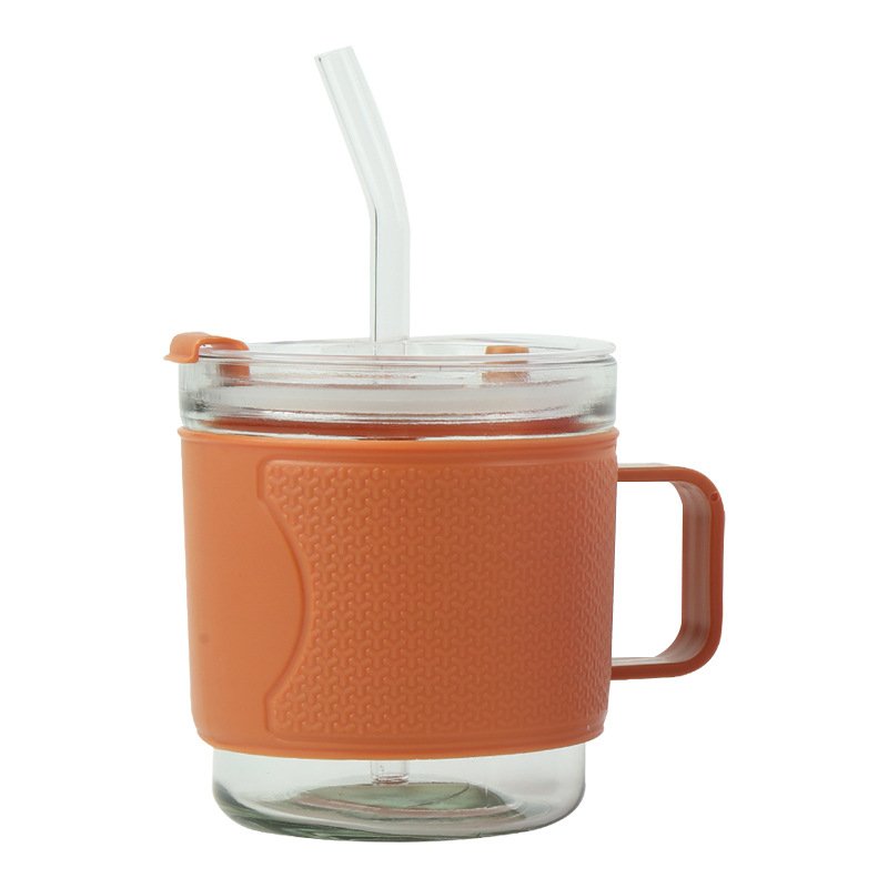 350ml New Mini Insulation Glass Cup With Handle Anti Scald Portable Plastic Case Glass Mug Cup With Straw
