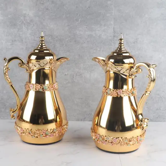New Design Golden Arabic Style Vacuum Coffee Flask Thermos Kettle Glass Inner Vacuum Flask Arabic Coffee Pot Thermos