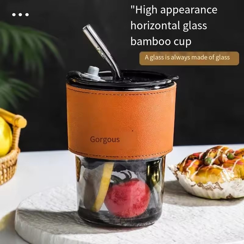 14oz Classic Design Reusable Office Round Bamboo Coffee Drinking Cup Creative Glass Cup with Lid and Straw for Party