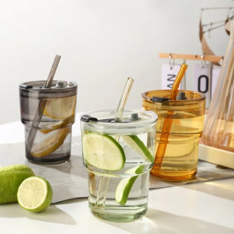 14oz Classic Design Reusable Office Round Bamboo Coffee Drinking Cup Creative Glass Cup with Lid and Straw for Party