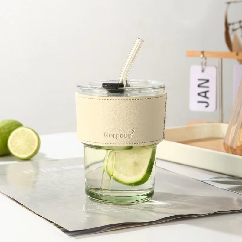 14oz Classic Design Reusable Office Round Bamboo Coffee Drinking Cup Creative Glass Cup with Lid and Straw for Party