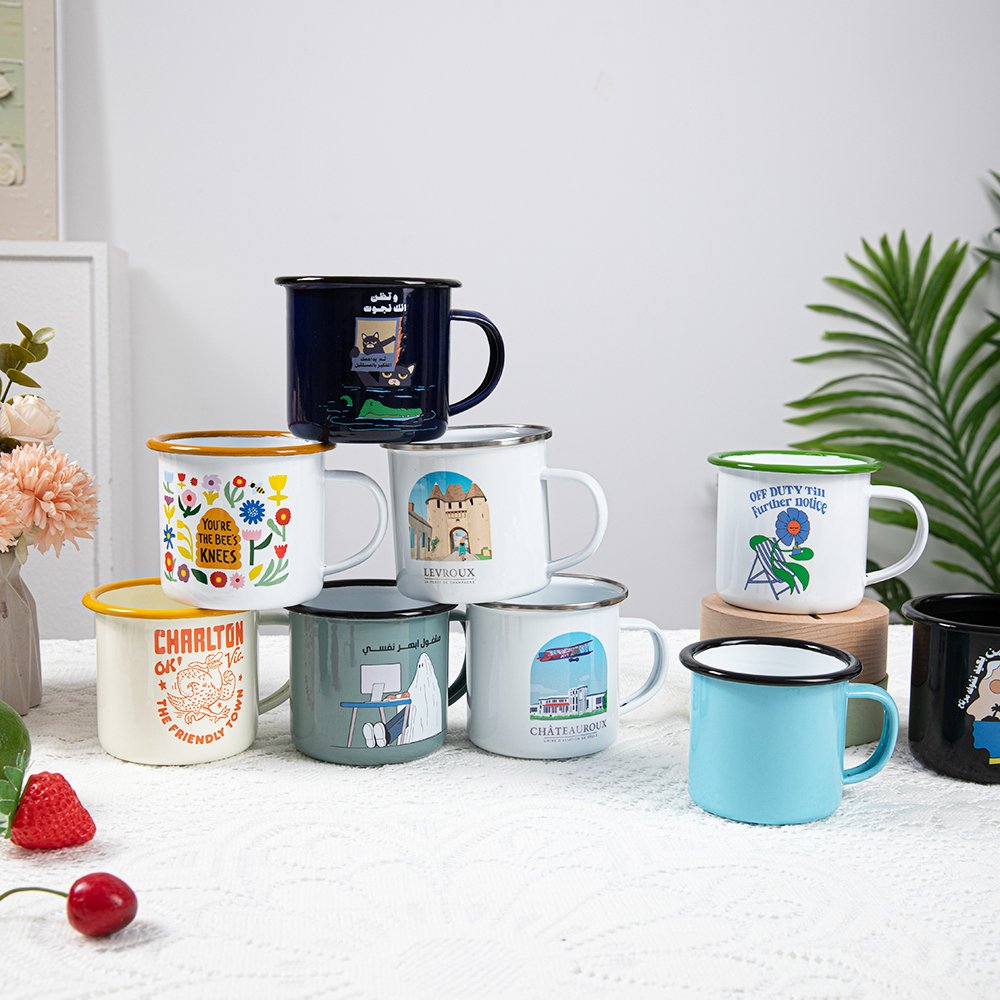 12 ounce Enamel Camping Coffee Mug Set Small Colored 12oz Mugs Cups for Family Gathering Friend Party Camping Picnic Fishing