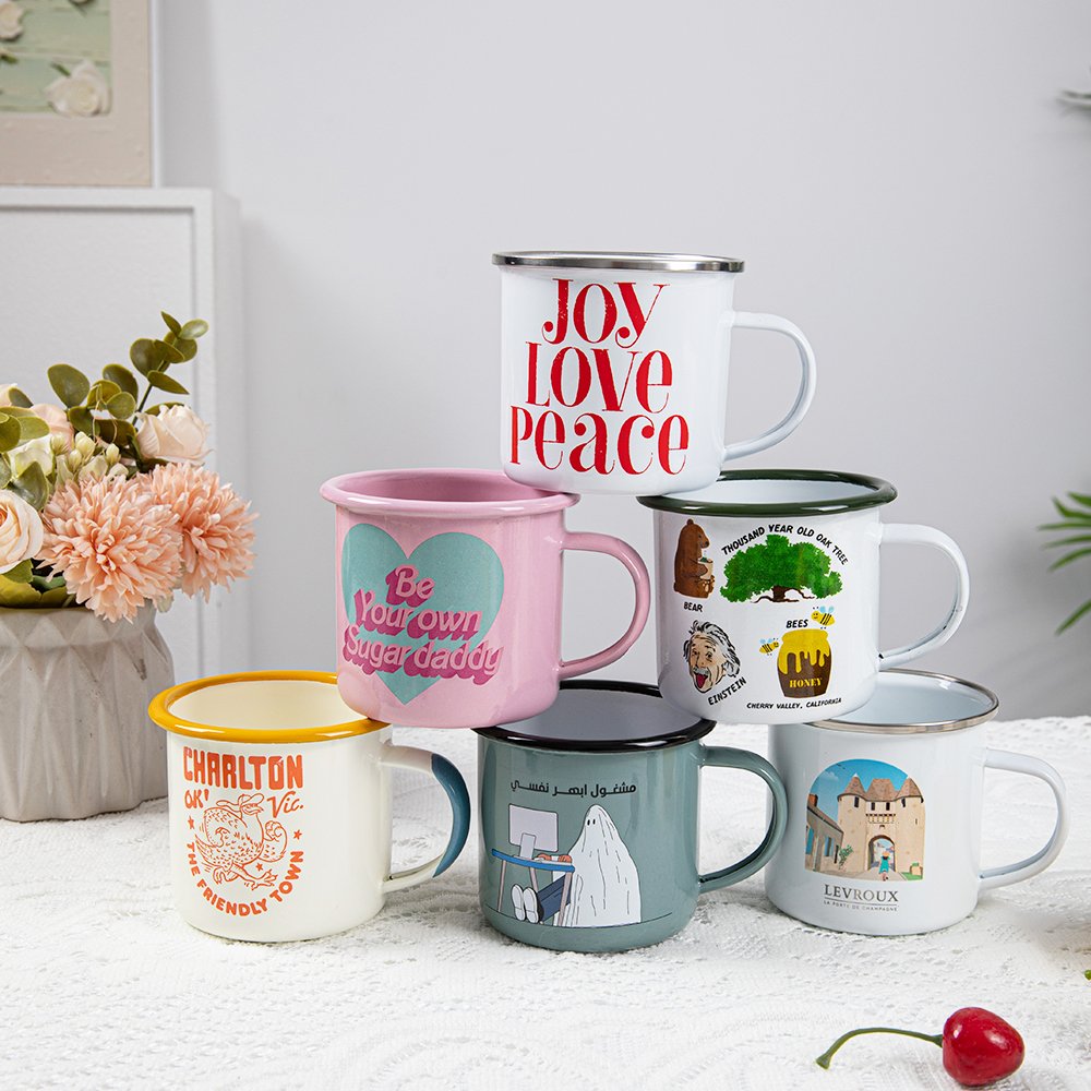 12 ounce Enamel Camping Coffee Mug Set Small Colored 12oz Mugs Cups for Family Gathering Friend Party Camping Picnic Fishing