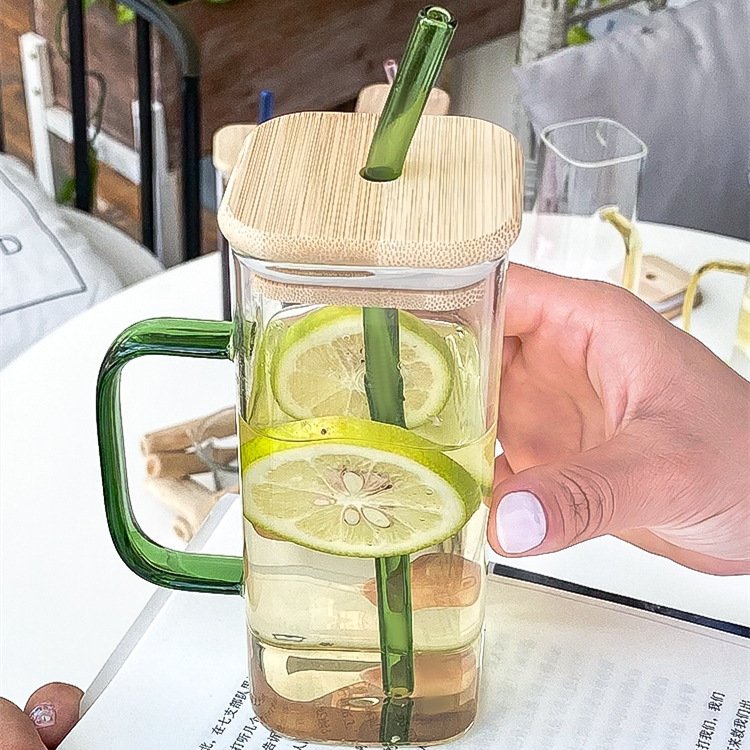 Custom Logo Heat Resistant Square Milk Cup Pink Green Glass Coffee Mug With Straw And Bamboo Lids