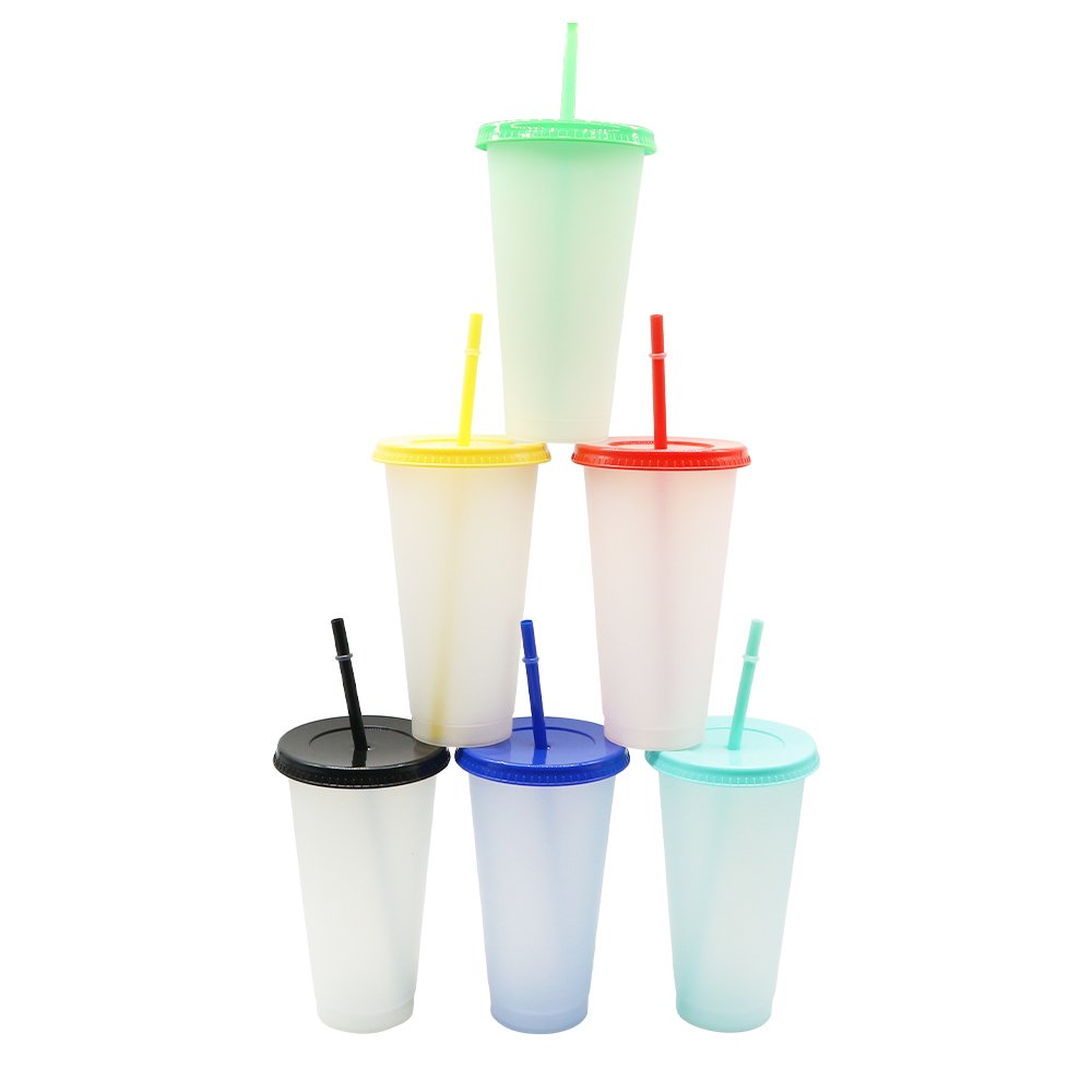 Wholesale Custom Plastic Water Bottle Transparent Eco-Friendly Plastic Cup Black Cold Cup Colour Changing Cups With Straw Lid
