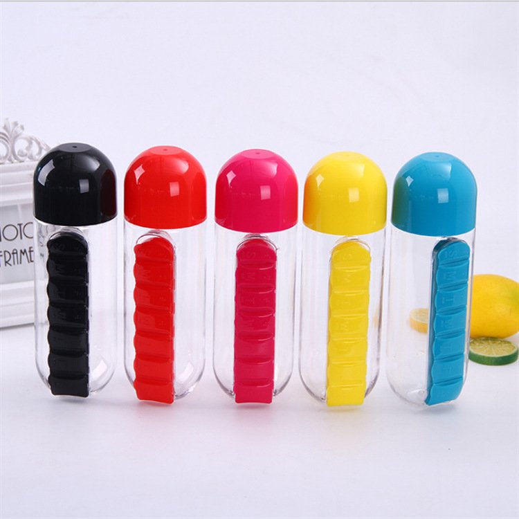 Color Box Packing Promotional Gift 700ml Yellow Red Pill Vitamin Organizer Protein Shaker Water Bottle with Pill Box