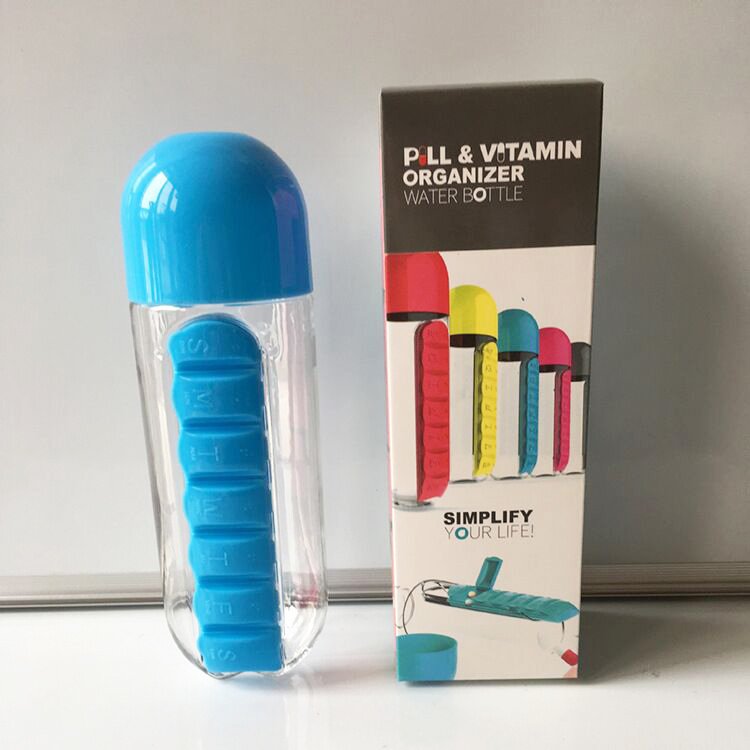 Color Box Packing Promotional Gift 700ml Yellow Red Pill Vitamin Organizer Protein Shaker Water Bottle with Pill Box