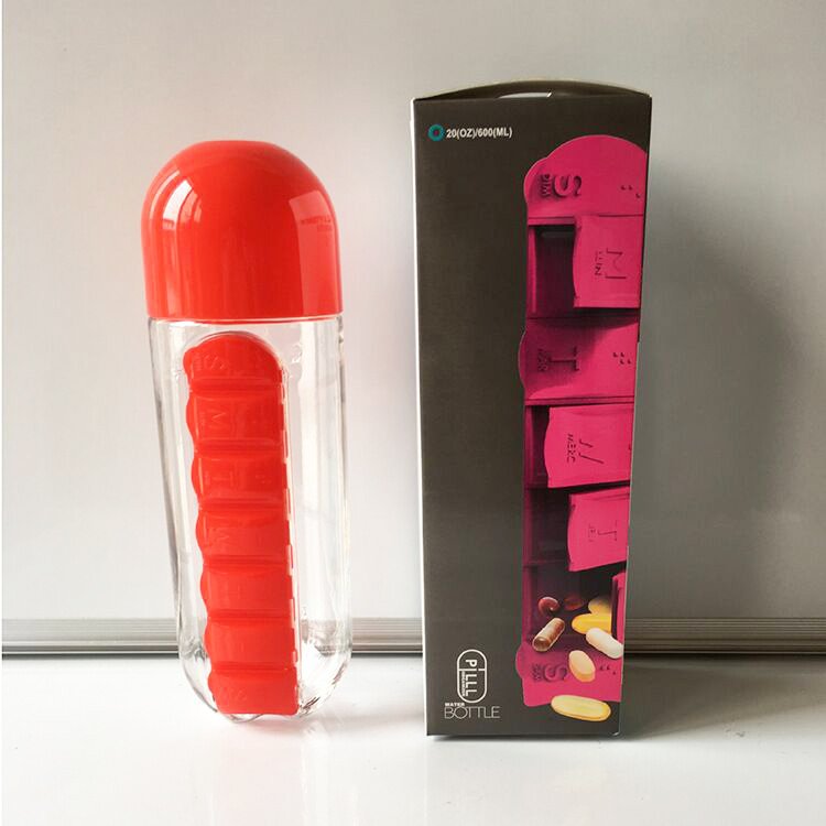 Color Box Packing Promotional Gift 700ml Yellow Red Pill Vitamin Organizer Protein Shaker Water Bottle with Pill Box