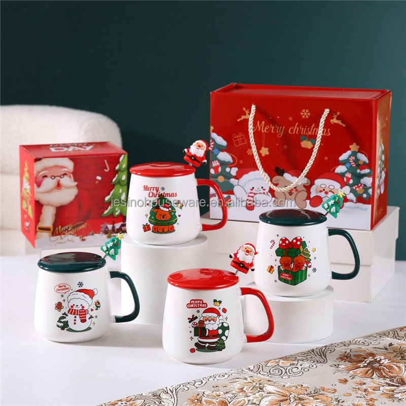 2025 New Arrivals Cute Christmas Tree Ceramic Coffee Mugs Porcelain Xmas Cup with Lid and Spoon Best Christmas Gift Box for Kids