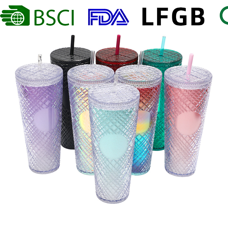 24oz Plastic Durian Glitter Cup Sippy Sports Straw Cup Custom Logo Diamond-shaped Gem Water Bottle