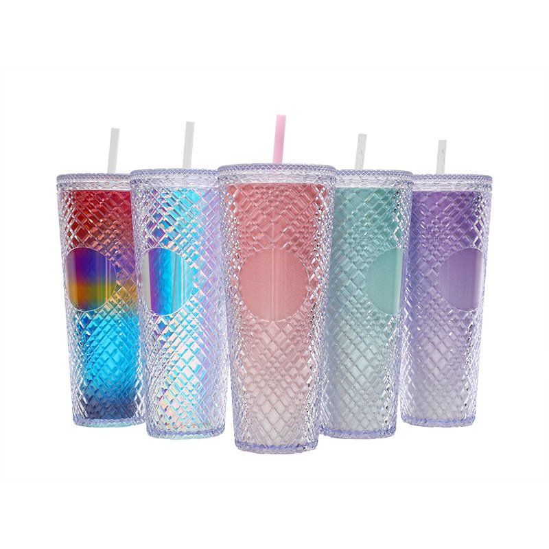 24oz Plastic Durian Glitter Cup Sippy Sports Straw Cup Custom Logo Diamond-shaped Gem Water Bottle