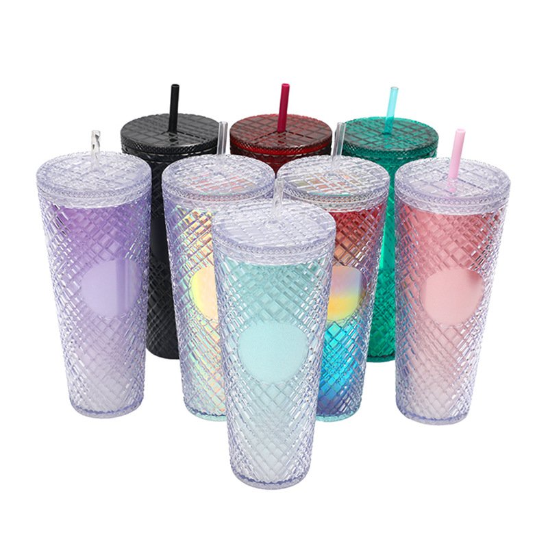 24oz Plastic Durian Glitter Cup Sippy Sports Straw Cup Custom Logo Diamond-shaped Gem Water Bottle