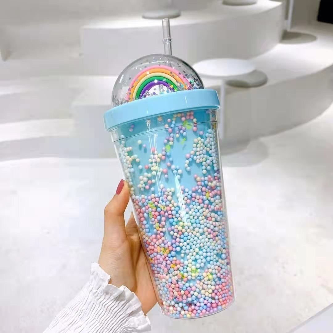 DD2433 Reusable Colored Bead Ranibow Water Bottle Girls Plastic Double Wall Tumbler Cup with Lid & Straw