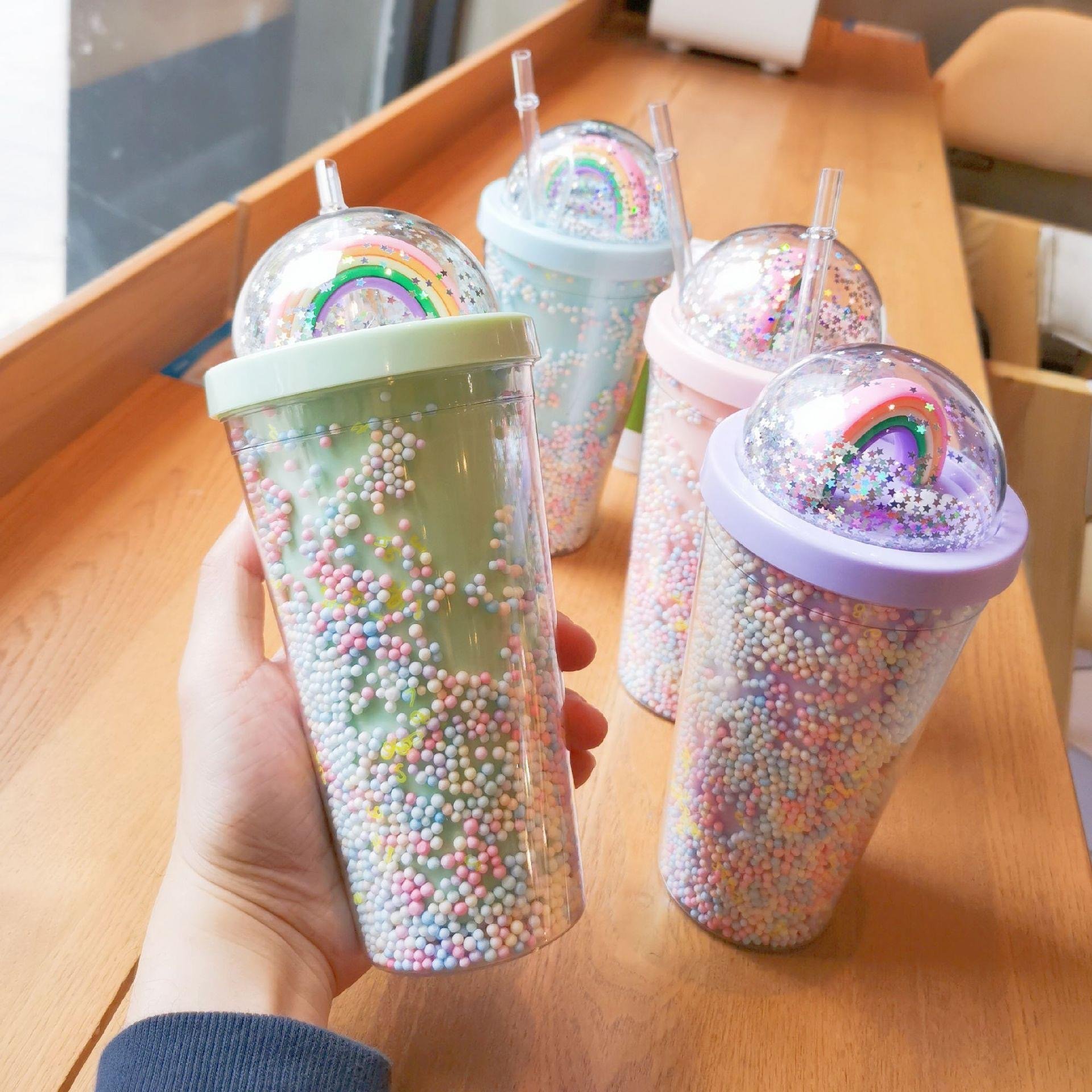 DD2433 Reusable Colored Bead Ranibow Water Bottle Girls Plastic Double Wall Tumbler Cup with Lid & Straw