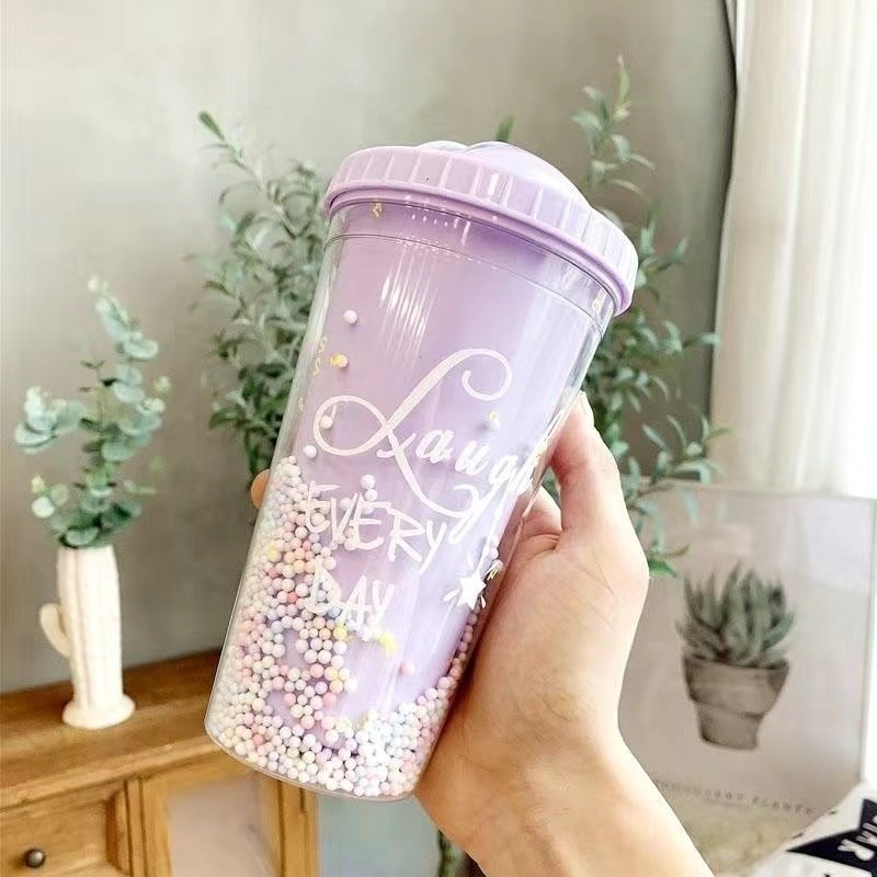 DD2433 Reusable Colored Bead Ranibow Water Bottle Girls Plastic Double Wall Tumbler Cup with Lid & Straw