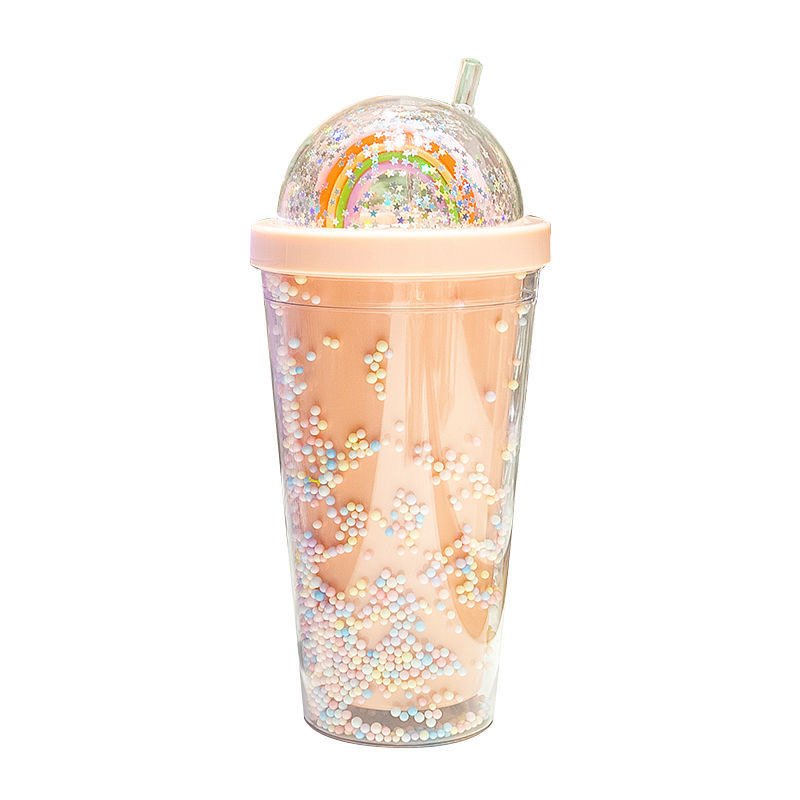 DD2433 Reusable Colored Bead Ranibow Water Bottle Girls Plastic Double Wall Tumbler Cup with Lid & Straw