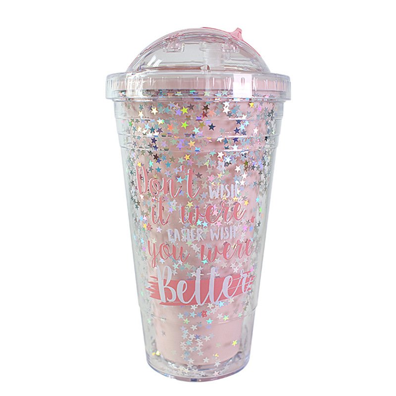 High Quality With Straw Plastic Glitter Cup Coffee Mug Custom Logo