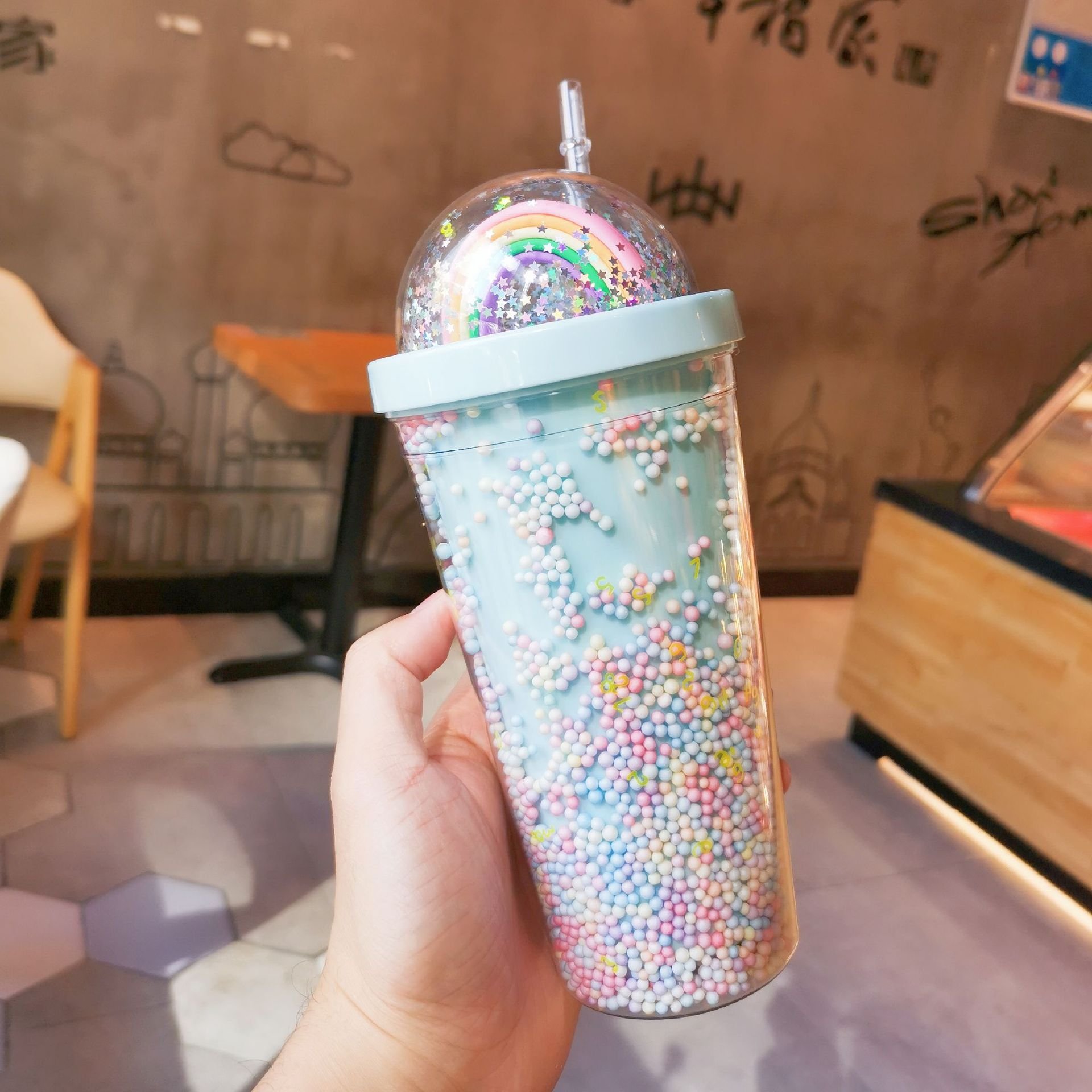 High Quality With Straw Plastic Glitter Cup Coffee Mug Custom Logo