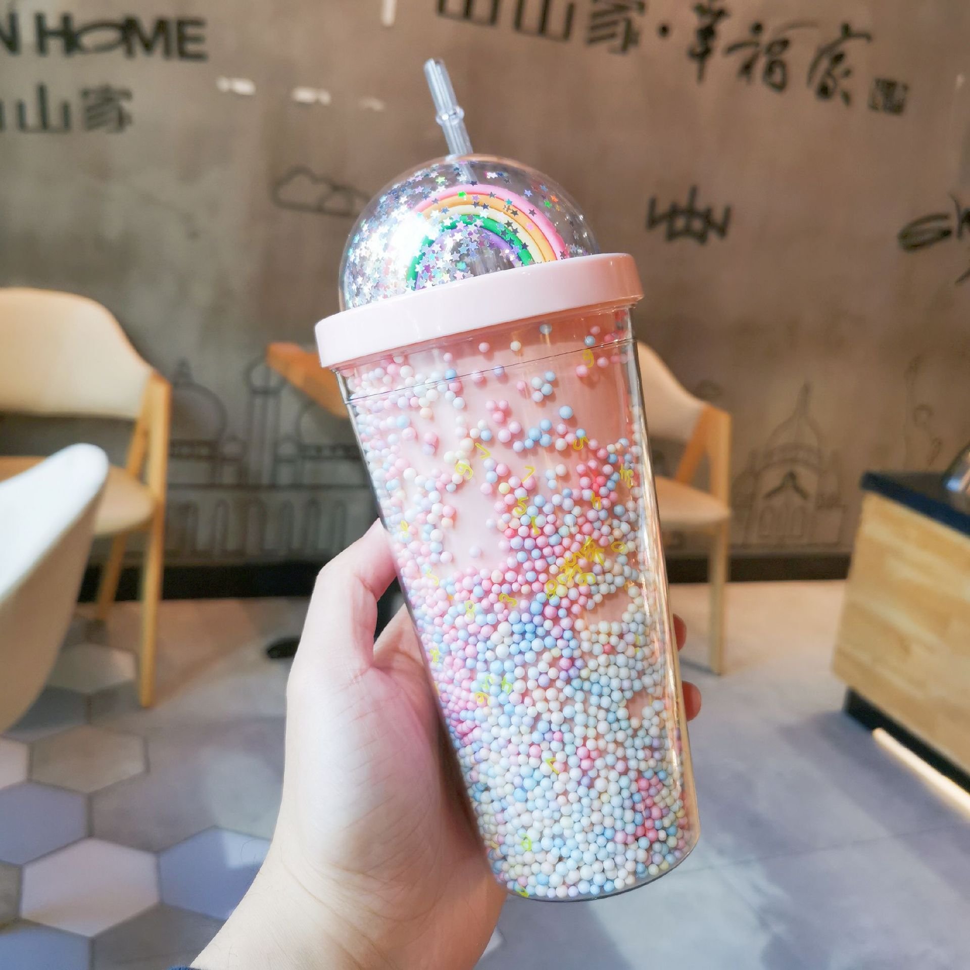 High Quality With Straw Plastic Glitter Cup Coffee Mug Custom Logo