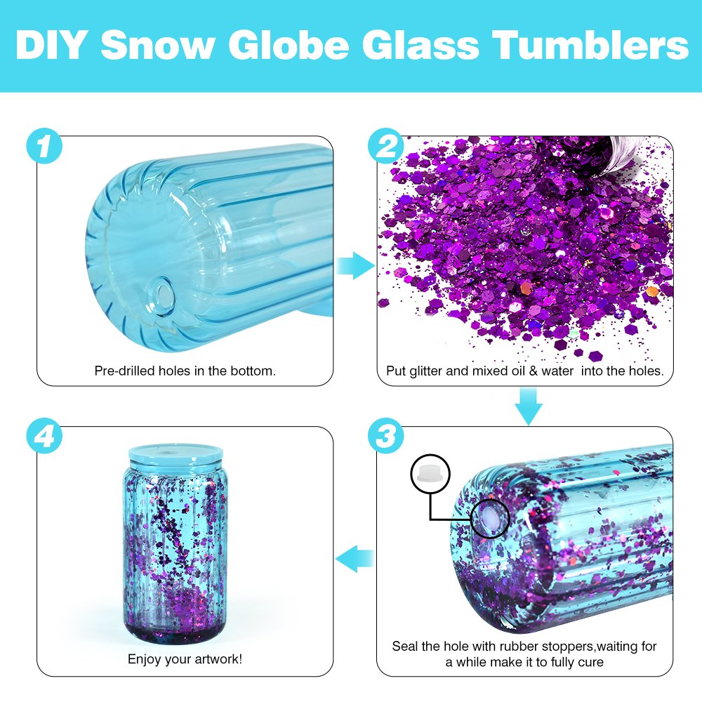 New design snow globe cup sublimation blanks 16oz glass coffee mugs double walled pre-drilled glass can with PP lid and straw