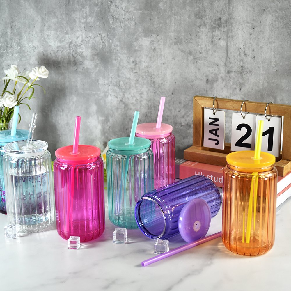 New design snow globe cup sublimation blanks 16oz glass coffee mugs double walled pre-drilled glass can with PP lid and straw