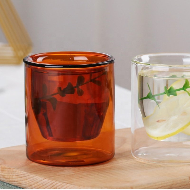 Wholesale High Quality Custom Logo Creative Double-Wall Amber Borosilicate Glass Coffee Mug Unique Color Drink Cup
