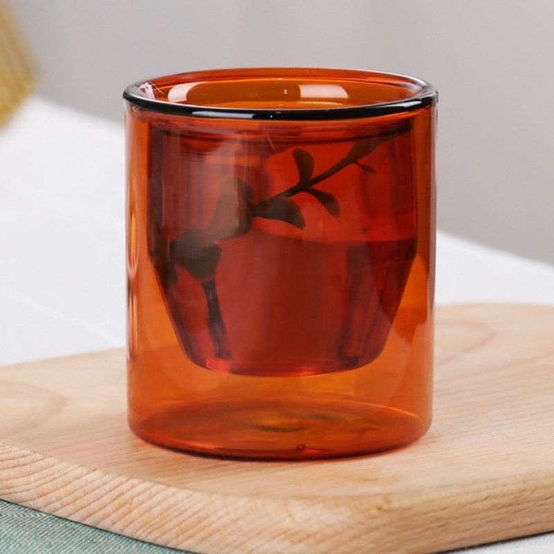 Wholesale High Quality Custom Logo Creative Double-Wall Amber Borosilicate Glass Coffee Mug Unique Color Drink Cup