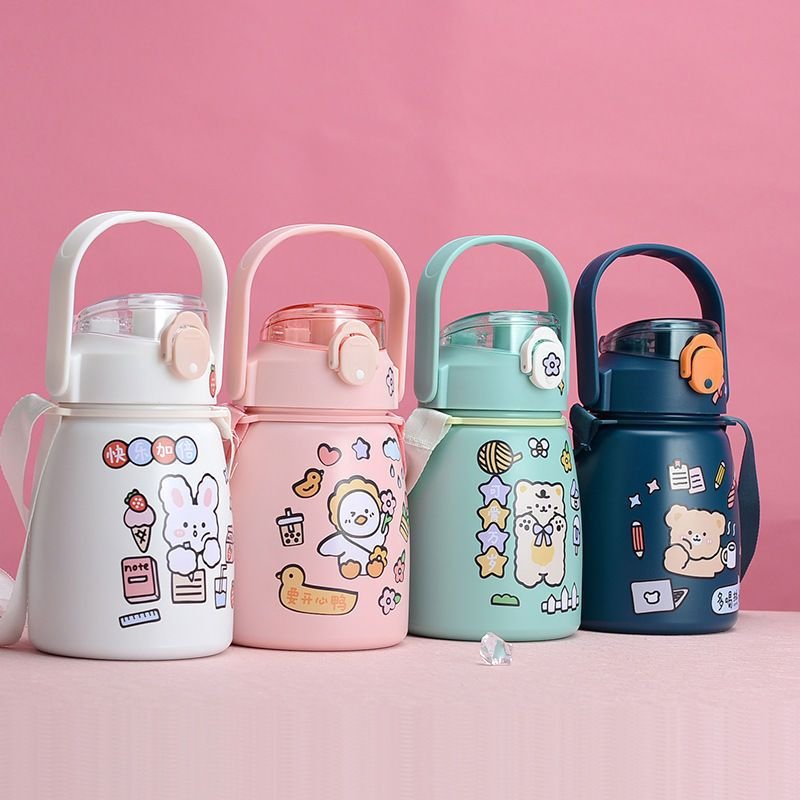 900ml Stainless Steel Water Bottle With Straw And Shoulder Strap Water For The Kids