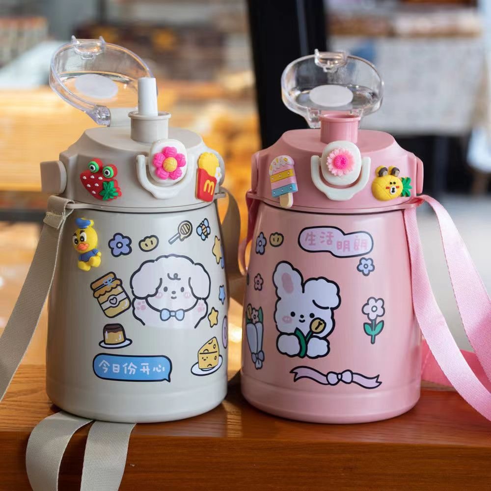 900ml Stainless Steel Water Bottle With Straw And Shoulder Strap Water For The Kids